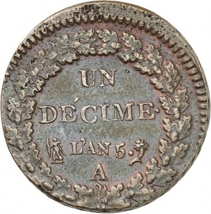 Directoire (1795-1799). Un décime Dupré, frappe fautée An 5 (1796), A, Paris.