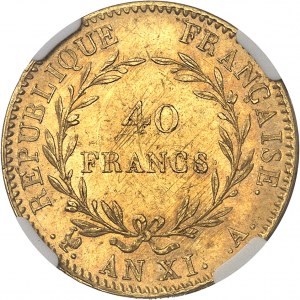 Konzulát (1799-1804). 40 franků Bonaparte, první konzul An XI (1803), A, Paříž.