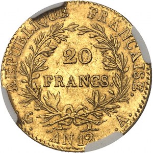 Konzulát (1799-1804). 20 franků Bonaparte, první konzul Rok 12 (1804), A, Paříž.