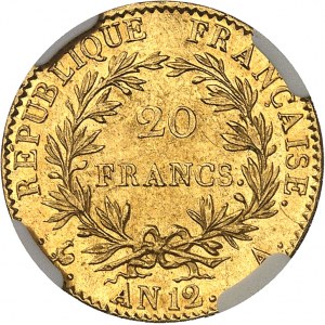 Consulat (1799-1804). 20 francs Bonaparte, Premier Consul An 12 (1804), A, Paris.