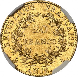 Konzulát (1799-1804). 20 franků Bonaparte, první konzul Rok 12 (1804), A, Paříž.