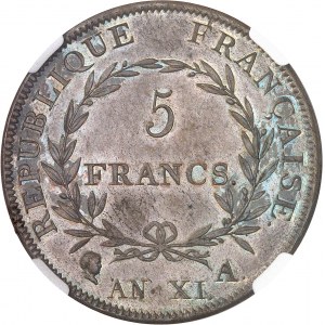 Konzulát (1799-1804). Essai de 5 francs, concours de l'An XI, Droz An XI (1803), Paříž.