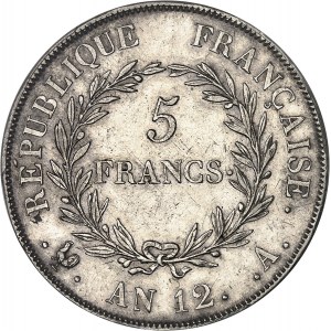 Konzulát (1799-1804). 5 frankov Bonaparte, skúšobná minca s kovaním a tesnou ryhou, Frappe spéciale (SP) An 12 (1804), A, Paríž.