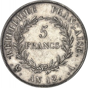 Konzulát (1799-1804). 5 frankov Bonaparte, skúšobná minca s kovaním a tesnou ryhou, Frappe spéciale (SP) An 12 (1804), A, Paríž.