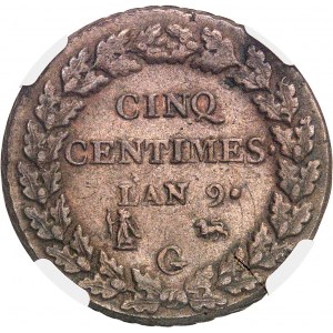 Konsulat (1799-1804). Cinq centimes Dupré, großes Modul An 9 (1800), G, Genf.