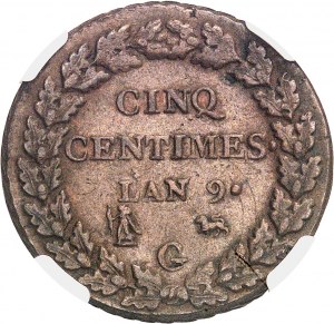 Konsulat (1799-1804). Cinq centimes Dupré, großes Modul An 9 (1800), G, Genf.