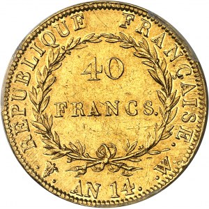 Premier Empire / Napoléon Ier (1804-1814). 40 francs tête nue, calendrier révolutionnaire An 14 (1806), W, Lille.