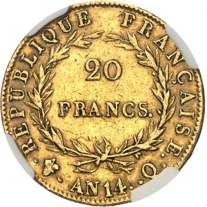 Pierwsze Cesarstwo / Napoleon I (1804-1814). 20 franków bez łba, kalendarz rewolucyjny, wybicie medalu Rok 14 (1806), Q, Perpignan.
