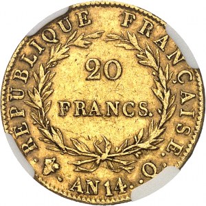 Premier Empire / Napoléon Ier (1804-1814). 20 francs tête nue, calendrier révolutionnaire, frappe médaille An 14 (1806), Q, Perpignan.