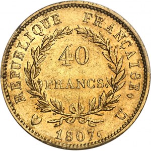 Premier Empire / Napoléon Ier (1804-1814). 40 francs type transitoire, tête nue 1807, U, Turin.