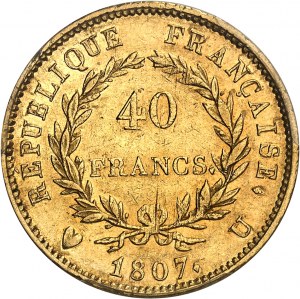 Premier Empire / Napoléon Ier (1804-1814). 40 francs type transitoire, tête nue 1807, U, Turin.