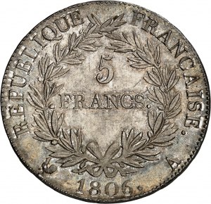 Pierwsze Cesarstwo / Napoleon I (1804-1814). 5 franków Cesarz, kalendarz gregoriański 1806, A, Paryż.
