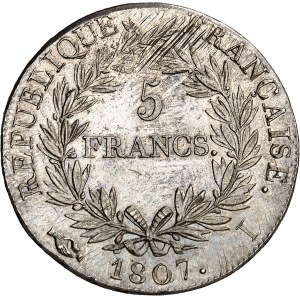 První císařství / Napoleon I. (1804-1814). 5 franků Císař, gregoriánský kalendář 1807, I, Limoges.