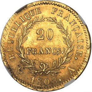 First Empire / Napoleon I (1804-1814). 20 francs République 1808, A, Paris.