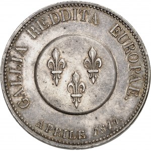 Gouvernement provisoire de 1814 (1er avril au 2 mai 1814). Module de 5 francs, François Ier d’Autriche à Paris 1814, Paris.