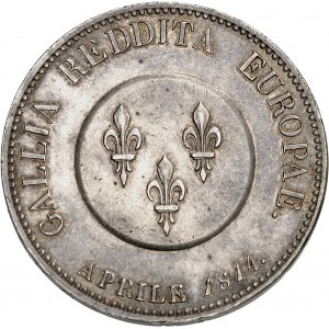 Provisional government of 1814 (April 1 to May 2, 1814). Module de 5 francs, François Ier d'Autriche à Paris 1814, Paris.