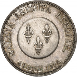 Provisional government of 1814 (April 1 to May 2, 1814). Module de 5 francs, Frédéric-Guillaume III ange de Paix, by Tiolier 1814, Paris.