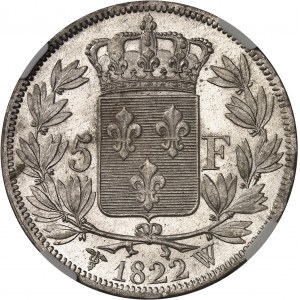 Ludvík XVIII (1814-1824). 5 franků nahé poprsí 1822, W, Lille.