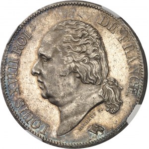 Louis XVIII (1814-1824). 5 francs buste nu 1823, W, Lille.