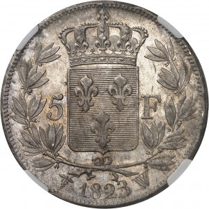 Ludvík XVIII (1814-1824). 5 franků nahé poprsí 1823, W, Lille.