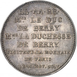Ludvík XVIII (1814-1824). Modul za 5 franků, návštěva vévody a vévodkyně z Berry v Monnaie de Paris 1817, Paříž.