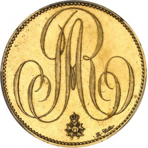 Louis XVIII (1814-1824). Module de 5 francs en Or, l’Administration des Monnaies à son excellence M. Roy, Ministre des finances, par Tiolier, transformée en médaille de mariage le 2 août 1847 pour Auguste de Talhoüet-Roy et Léonie Honnorez 1820 puis 1847,