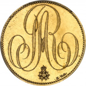 Louis XVIII (1814-1824). Module de 5 francs en Or, l’Administration des Monnaies à son excellence M. Roy, Ministre des finances, par Tiolier, transformée en médaille de mariage le 2 août 1847 pour Auguste de Talhoüet-Roy et Léonie Honnorez 1820 puis 1847,