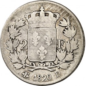 Louis XVIII (1814-1824). 2 francs 1820, D, Lyon.