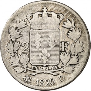 Ludvík XVIII (1814-1824). 2 franky 1820, D, Lyon.