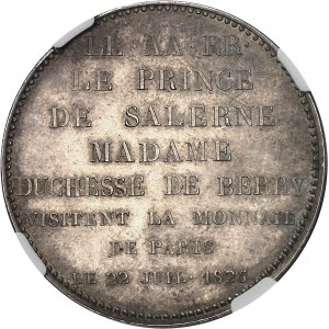 Charles X (1824-1830). Module de 5 francs, visite du Prince de Salerne et de Madame la duchesse de Berry à la Monnaie de Paris, par Tiolier 1825, Paris.