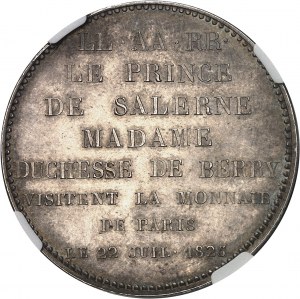 Karol X (1824-1830). Module de 5 francs, visite du Prince de Salerne et de Madame la duchesse de Berry à la Monnaie de Paris, by Tiolier 1825, Paryż.