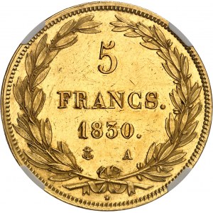 Ludwik Filip I (1830-1848). Próba 5 franków Hors concours, złoto, Galle, gładka krawędź, 1830, A, Paryż.