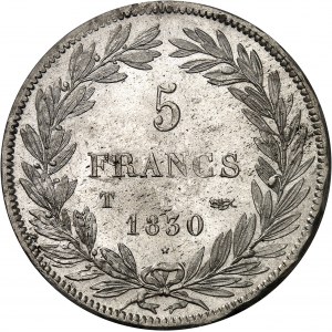 Louis-Philippe I (1830-1848). 5 francs bare head, recessed edge 1830, T, Nantes.