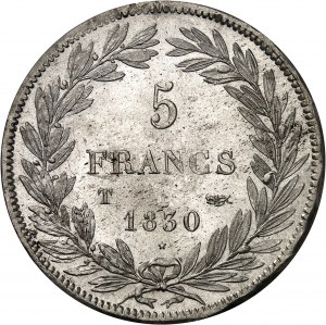 Louis-Philippe Ier (1830-1848). 5 francs tête nue, tranche en creux 1830, T, Nantes.