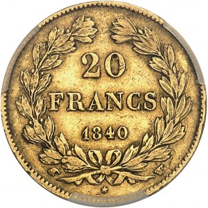 Louis-Philippe I (1830-1848). 20 francs tête laurée 1840, W, Lille.