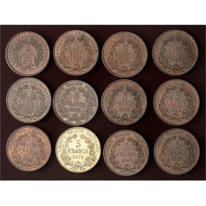 IIe République (1848-1852). Lot de 12 essais de 5 francs, sur flan en cuivre (1 en laiton), concours de 1848, par Allard, Boivin, Domard, Farochon (3 ex.), Gayrard (2 ex.), Magniadas, Reynaud, Rogat et Anonyme 1848, Paris.