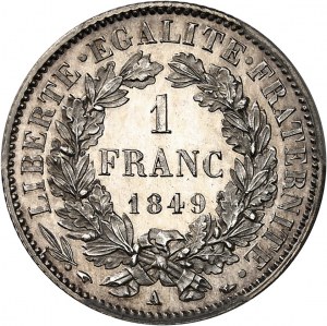Druhá republika (1848-1852). 1 frank Cérès, Flan bruni (PROOF) 1849, A, Paříž.