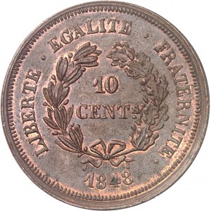 Druhá republika (1848-1852). Essai-piéfort de 10 centimes, súťaž z roku 1848, druhý typ, Gayrard 1848, Paríž.