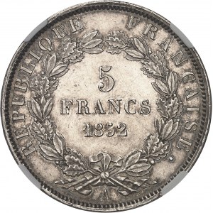 IIe République (1848-1852). 5 francs J. J. BARRE, 2e épreuve, tranche en relief 1852, A, Paris.