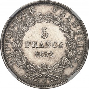 Seconda Repubblica (1848-1852). 5 franchi J. J. BARRE, 2a prova, bordo rialzato 1852, A, Parigi.