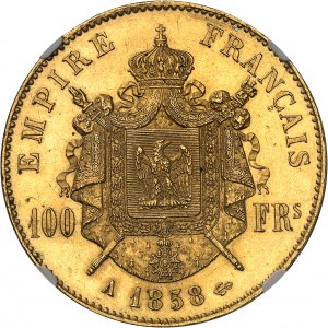 Druhé cisárstvo / Napoleon III (1852-1870). 100 frankov s holou hlavou 1858, A, Paríž.