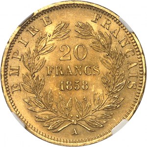 Drugie Cesarstwo / Napoleon III (1852-1870). 20 franków naga głowa 1858, A, Paryż.