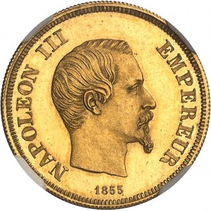Druhé císařství / Napoleon III (1852-1870). Esej 10 franků s holou hlavou, velký modul, leštěný flan (PROOF) 1855, Paříž.