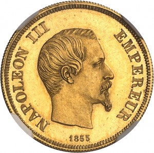 Second Empire / Napoleon III (1852-1870). Essai de 10 francs tête nue grand module, Flan bruni (PROOF) 1855, Paris.