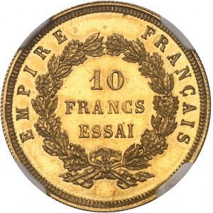 Druhé císařství / Napoleon III (1852-1870). Esej 10 franků s holou hlavou, velký modul, leštěný flan (PROOF) 1855, Paříž.
