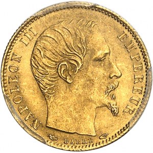 Drugie Cesarstwo / Napoleon III (1852-1870). 5 franków z gołą głową, mały moduł, karbowany brzeg 1854, A, Paryż.