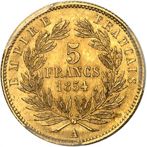 Second Empire / Napoléon III (1852-1870). 5 francs tête nue petit module, tranche cannelée 1854, A, Paris.