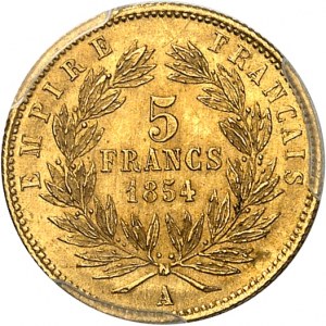 Druhé císařství / Napoleon III (1852-1870). 5 franků holá hlava, malý modul, rýhovaný okraj 1854, A, Paříž.