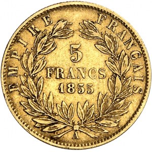 Druhé cisárstvo / Napoleon III (1852-1870). 5 frankov holá hlava, veľký modul 1855, A, Paríž.