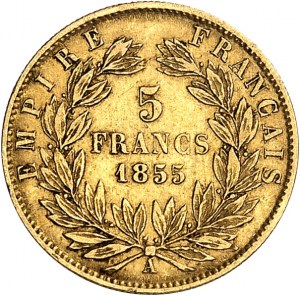 Second Empire / Napoleon III (1852-1870). 5 francs bare head, large module 1855, A, Paris.